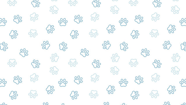 Cute blue paw print seamless pattern on white background. Playful scattered animal track vector for pet care wallpaper, veterinary marketing, and gift wrapping paper