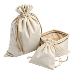 Natural Linen Drawstring Pouches and Fabric Storage Box Set on transparent background