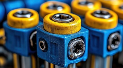 Close-up of many blue and yellow industrial parts