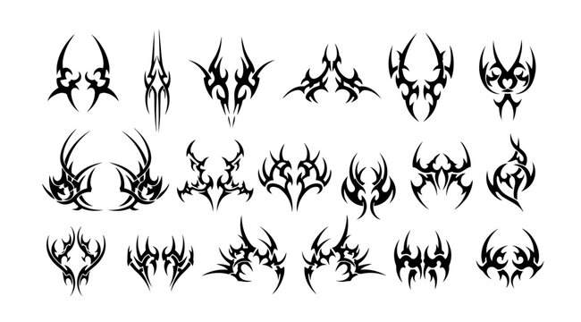 Set of black abstract tribal tattoo vector elements featuring sharp symmetrical curves and gothic ornaments, perfect for use in body art, vehicle decals, or aggressive logo design projects