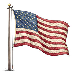 Waving American Flag on Pole - USA National Symbol and Patriotism on transparent background