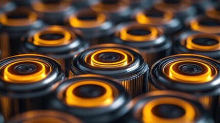 Close-up of many metallic cylinders with glowing orange centers