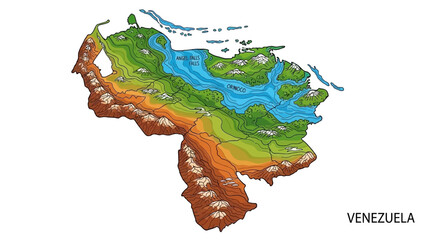 Colorful physical relief map of Venezuela showing mountains, rivers, and natural features like Angel Falls on an isolated white background.