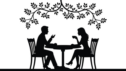 Romantic couple silhouette drinking coffee at table under tree branches, dating conversation love relationship illustration, outdoor cafe scene, minimal black background design art