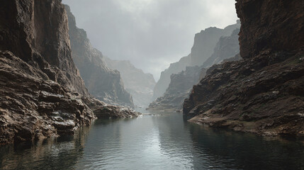 A serene river flowing through a majestic canyon under an overcast sky, evoking a sense of tranquility and awe. The rugged canyon walls rise dramatically.