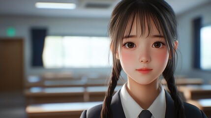 Anime style illustration of a beautiful Asian schoolgirl wearing uniform in classroom looking into camera. Back to school concept
