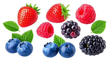 A vibrant set of colorful easter eggs arranged with fresh organic strawberries and ripe mixed berries for a healthy sweet dessert isolated on white