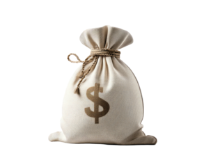 Beige fabric sack with dollar sign, tied with rope, on black background