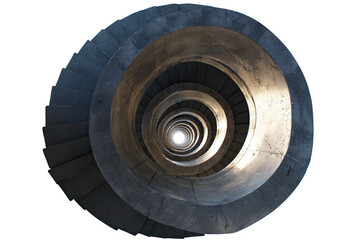 Deep spiral staircase descends into darkness, catching light at the core