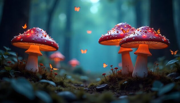 Alice in Wonderland Fantasy Landscape with Mushrooms, Castle, Butterflies, and a Checkered Path, created with generative ai