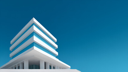 Minimalist white and bright blue modern corporate building structure corner view against vivid clear sky background symbolizing contemporary architecture concepts