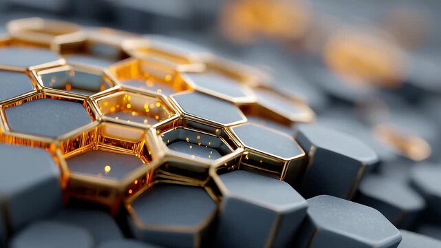 Abstract Golden Honeycomb Hexagonal Grid with Glowing Particles
