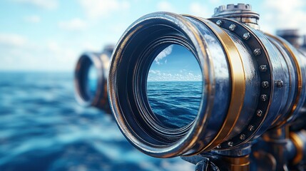 Close-up of ornate maritime telescope, ocean view
