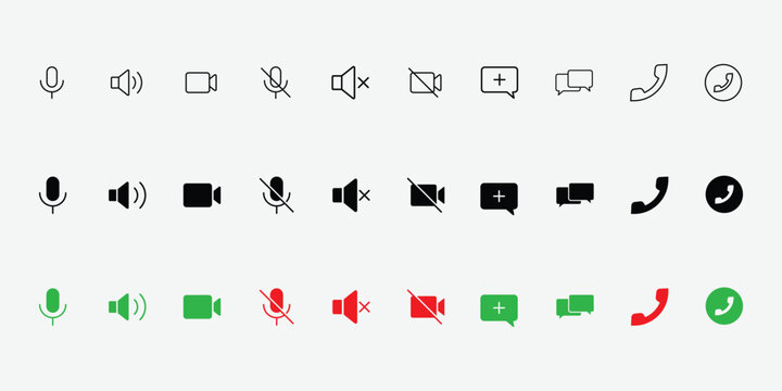 Virtual hangouts icons for conference call. On and off video, sound, camera and call icons isolated on white background. Flat vector illustration