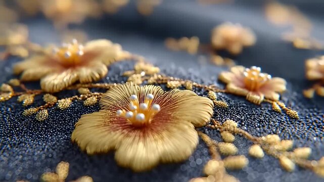 Exquisite Gold Thread Embroidery Flowers with Pearls Detail