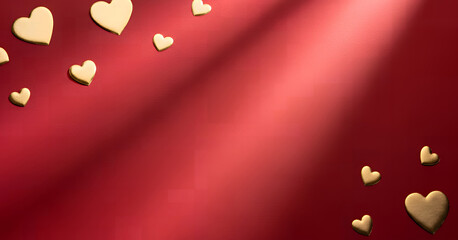 Gold heart shapes arranged on a red textured background with soft light and shadow, leaving wide copy space, suitable for greeting cards, banners, posters, and romantic themed designs.