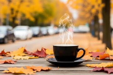 Cozy autumn morning with steaming cup of coffee outdoors
