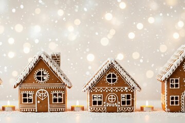 Adorable gingerbread houses in snowy festive scene