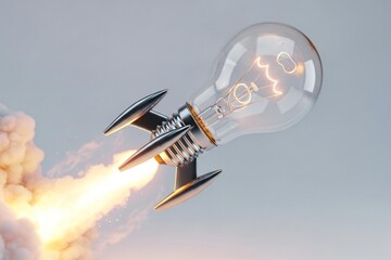 Innovative light bulb rocket blasting off into sky