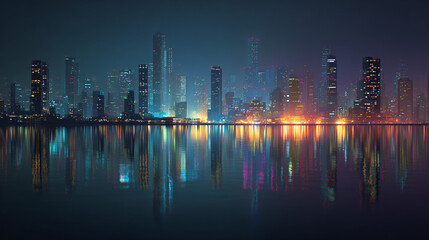 Fototapeta premium A cityscape reflecting the night lights across the tranquil water, with modern buildings and a vibrant skyline