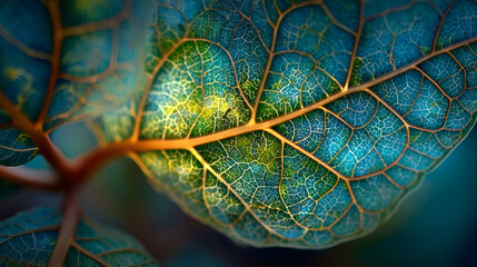 Extreme close up macro photography showcasing the intricate vibrant green and blue leaf vein structure illuminated by golden natural light in a botanical study.