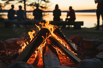 Warm campfire gathering by serene lake at sunset