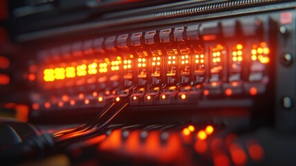 Close-up of server rack with glowing LEDs and wires