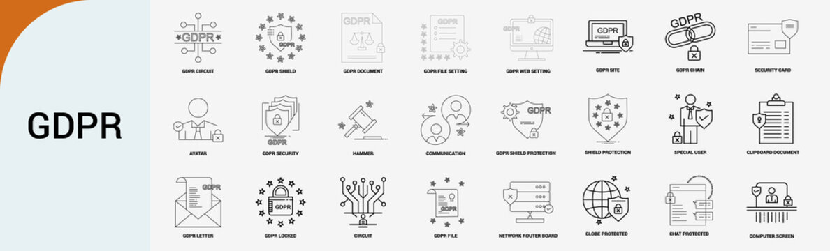 gdpr compliance and data privacy protection icons, security vector set