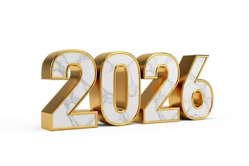 Golden 2026 numbers with marble effect on white background