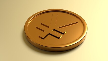 3D rendering of a gold Japanese Yen coin on a golden background.