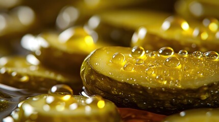 Close-up of sliced dill pickles, glistening with brine