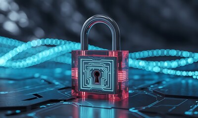 Digital Security Concept - Futuristic Padlock with Circuit Board Design and Neon Lights.
