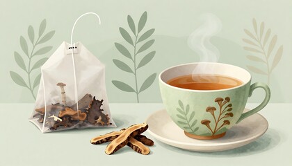 Healing tea from birch mushroom chaga is used in folk medicine, created with generative ai