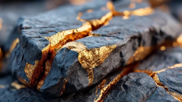 Macro shot of raw black stone with luxury gold veins in cracks
