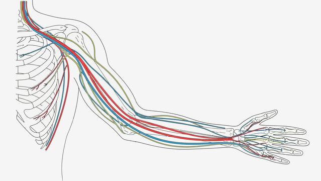 Detailed medical illustration depicting the major arteries veins and nerves running through the human arm shoulder and hand structures clearly outlined