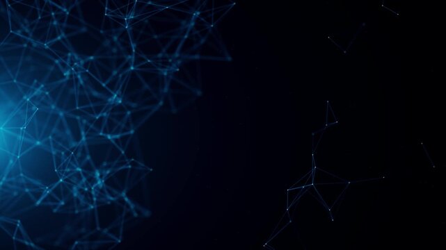 a dark background displays a vibrant network of interconnected blue lines and glowing nodes creating a futuristic abstract design high quality