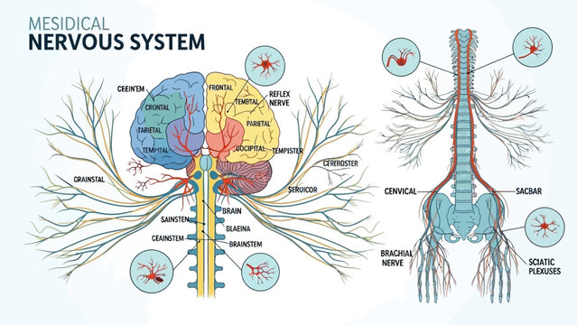 Detailed illustration showcasing the complex anatomical structure of the mesidical nervous system including the brain and spinal cord connections labeled clearly.