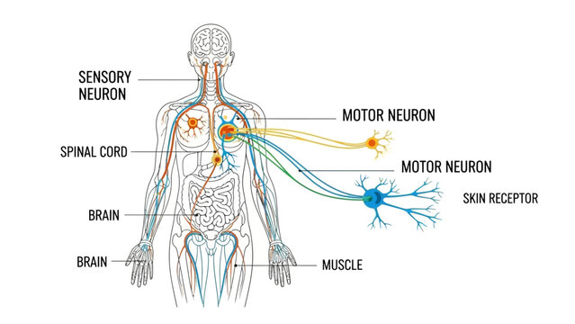 Diagram illustrating the fundamental pathway of the human nervous system demonstrating sensory neuron input to the spinal cord and subsequent motor neuron output to muscle tissue