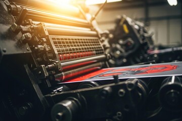 Industrial printing press in action with vibrant red design