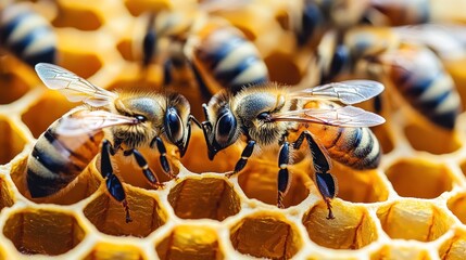 Close-up of two bees on honeycomb