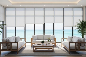 Modern living room with ocean view and white furniture