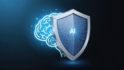 A conceptual illustration of cybersecurity featuring a blue-glowing digital brain protected by a metal shield with circuitry reading "AI".