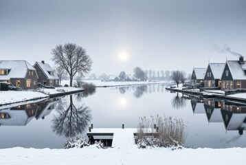 Snowy canal village at sunrise, winter houses and bare tree reflected in calm water, small dock and reeds in foreground, tranquil rural landscape in fog

