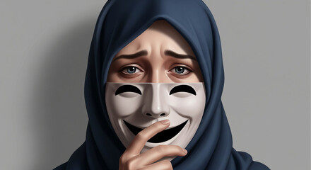 Mental health concept illustration representing people hiding depression behind a happy appearance in social life.