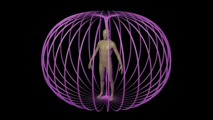 Energy field surrounding human body. 
EMF field around human being.
Human biomagnetic biofield. 
3d render illustration art concept.