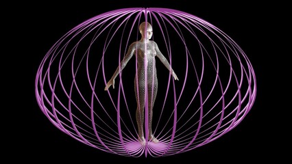 Energy field surrounding human body. 
EMF field around human being.
Human biomagnetic biofield. 
3d render illustration art concept.