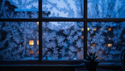 Naklejka premium Beautiful frost covered office window panes with winter city view and potted plant silhouette