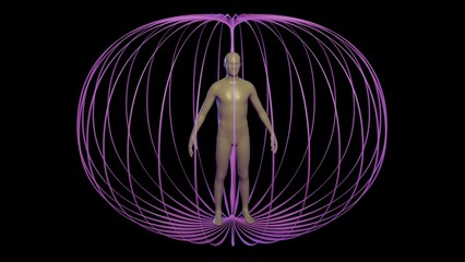 Energy field surrounding human body. 
EMF field around human being.
Human biomagnetic biofield. 
3d render illustration art concept.