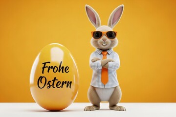 Easter bunny in sunglasses with Frohe Ostern egg