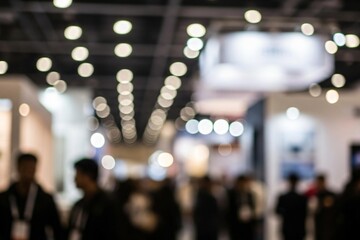 Blurry scene of people at a modern conference or trade show event